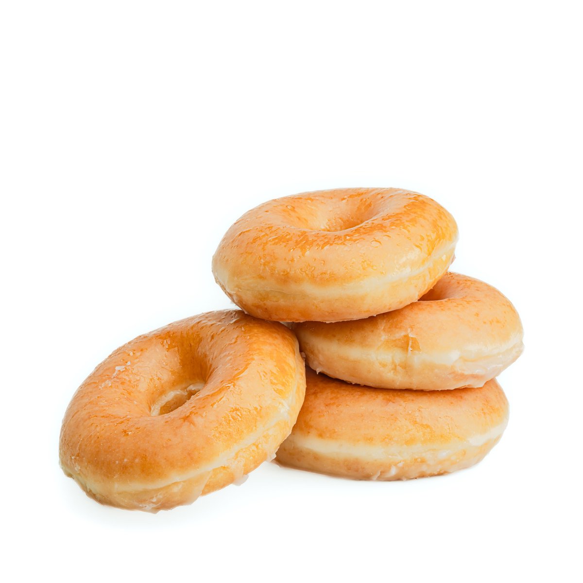 A pile of classic glazed donuts with a shiny sugar glaze
